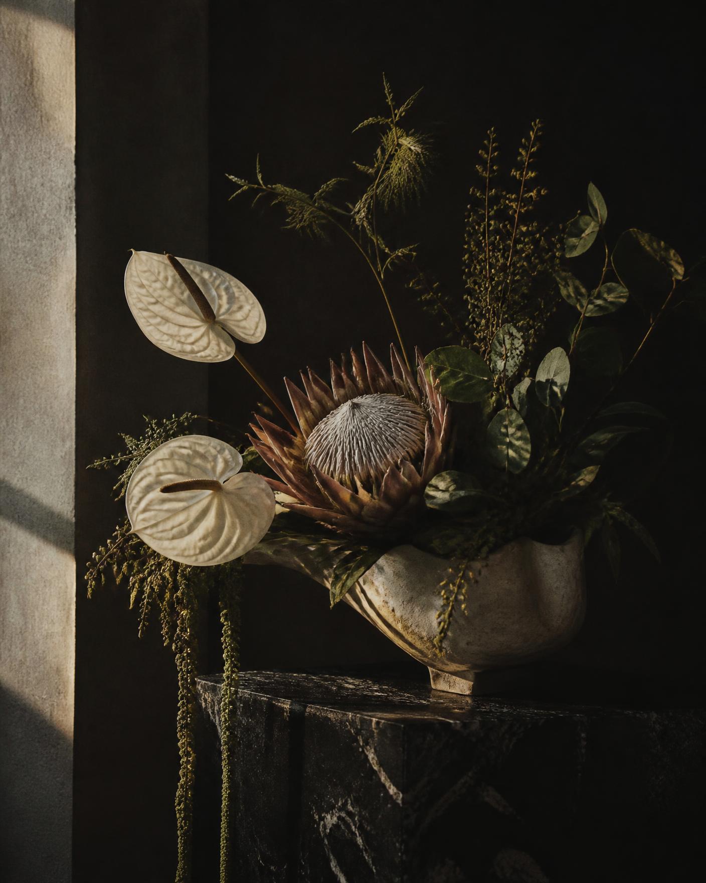 Sculptural arrangement in a ceramic vessel