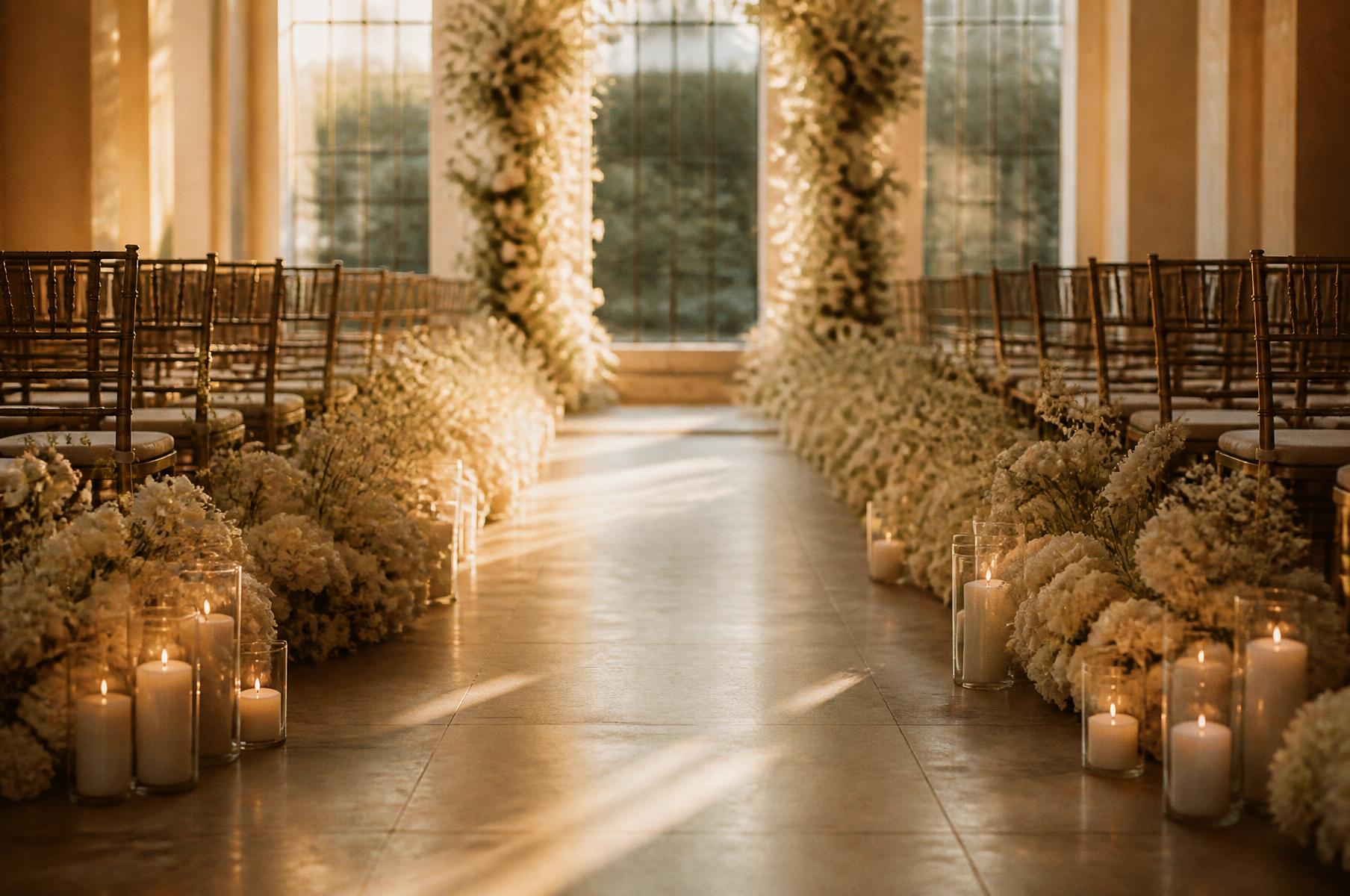Ceremony aisle lined with ivory florals and candles